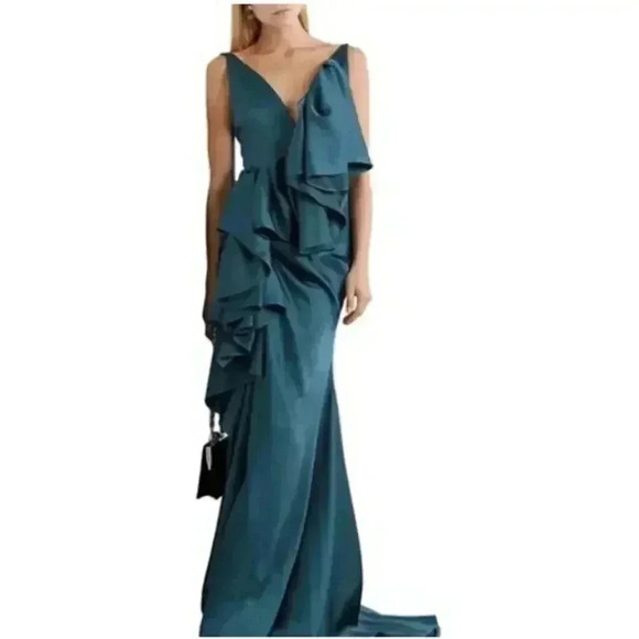 Solace London Deep Jade Ruffle Spaghetti Strap Satin Gown Size 6 NEW NWT! - Picture 2 of 8
